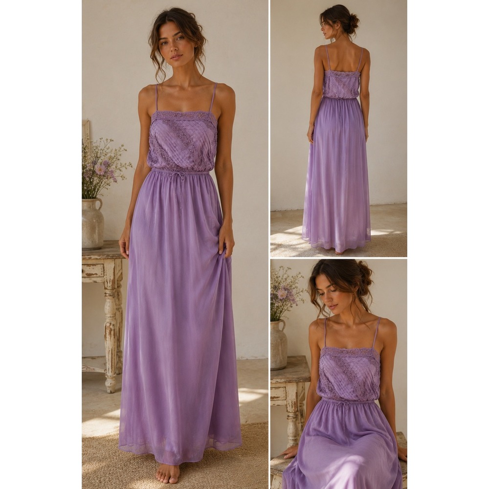 Vintage Sears Lavender Lace Nylon Maxi Slip Dress Nightgown Full Length Gown